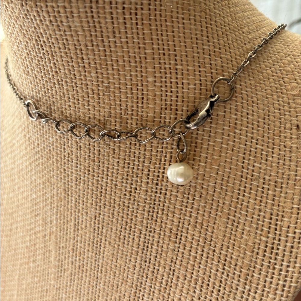 Silver Chain Necklace with Cream and Black Triangular Mother of Pearl Pendant - Picture 3 of 4